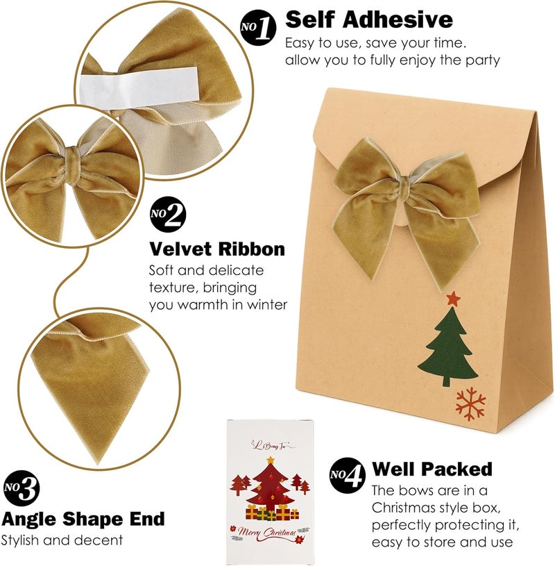 LiBongTa 3.5" Khaki Bows Small Velvet Ribbon Bow For Decoration, Self Adhesive Gift Bows, Rustic Bows For Christmas Tree, Treat Bags, Candy Pop, Basket, Party Favor, Craft Bow For Gift Wrapping-24 PCs - Image 3